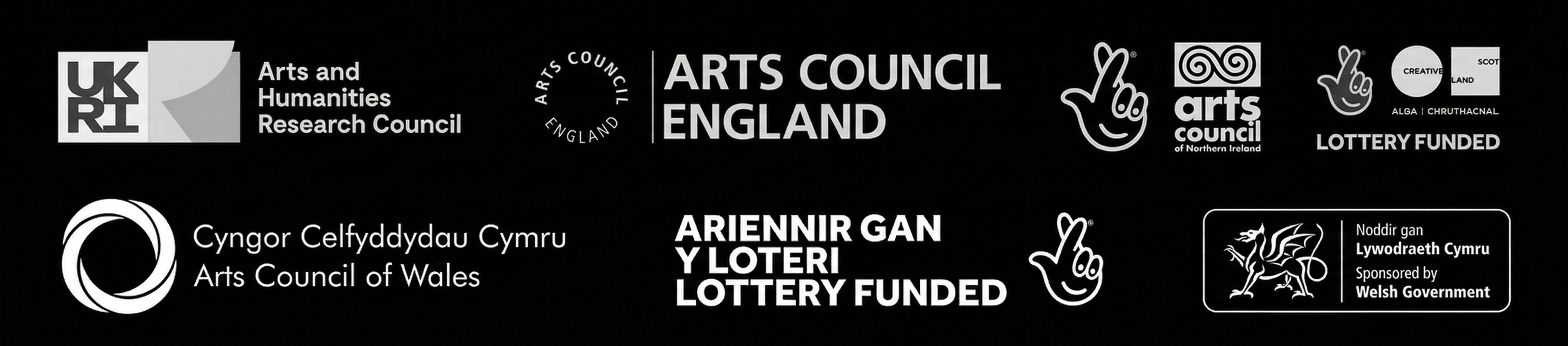 Funder logos:

UKRI Arts and Humanities Council
Arts Council England
Arts Council of Northern Ireland
Creative Scotland Lottery Funded
Arts Council of Wales
Sponsored by Welsh Government