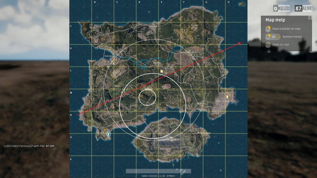 Screenshot of PUBG showing a map of an island with nested circles on it