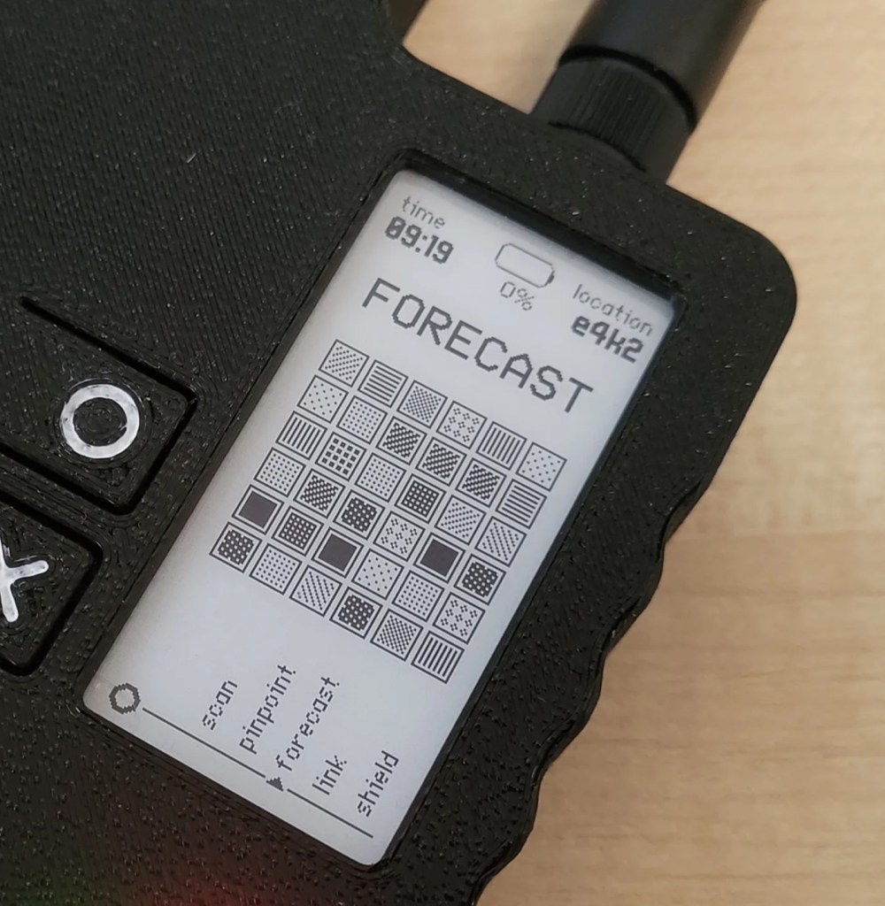 Close up of an ePaper screen displaying a grid of patterns with the title FORECAST